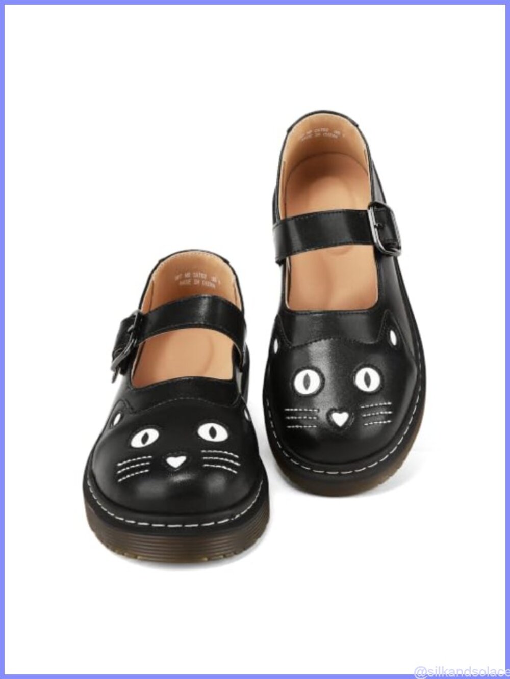 Mary Jane Flats with Cat Embroidery, Adjustable Strap, Memory Foam, Faux Leather